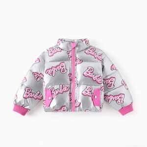 Barbie Logo Pattern Long-sleeve Crop Puffer Jacket Silver